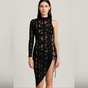 Laqueen Black One-Sleeve Asymmetrical Mesh Dress w/ Side Ties Size S (A165)✨